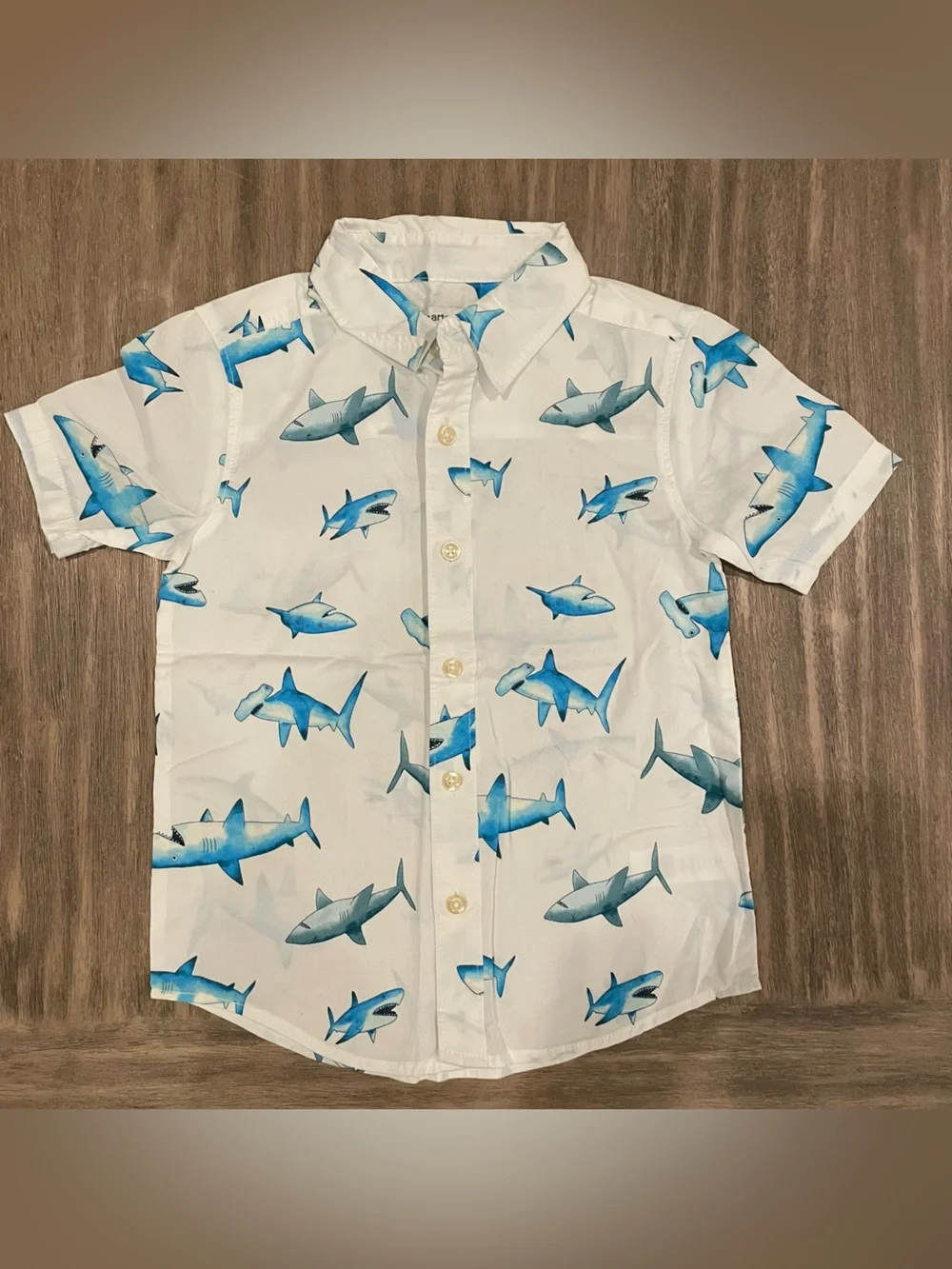 Carter's White Short-Sleeve Button-Down Shirt with Blue Shark Print